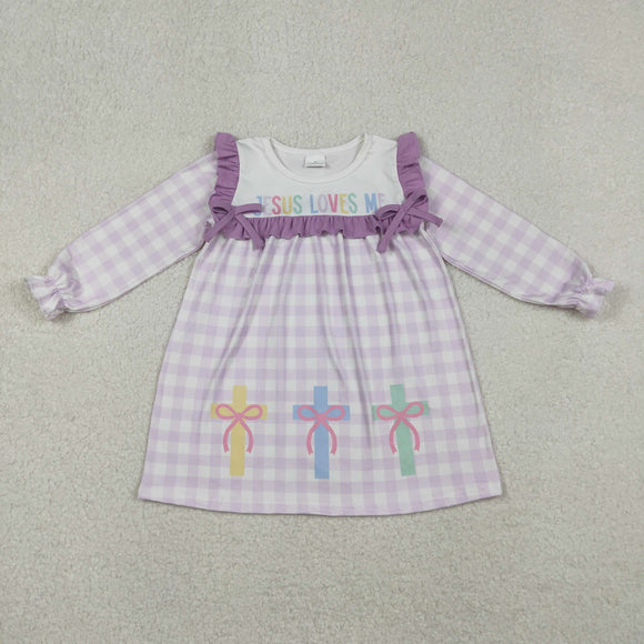 GLD1356  JESUS LOVES ME purple checkered long sleeve dress 12/18M-7/8T