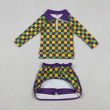 GLD1362  baby girls Mardi Gras checkered skirt zip long sleeve Outfits yoga