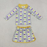 GLD1363  baby girls Mardi Gras bow skirt zip long sleeve Outfits yoga