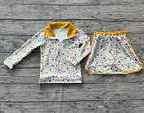 9.30 Pre-order GLD1365  baby girls Mardi Gras yellow skirt zip long sleeve Outfits yoga