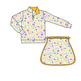 9.30 Pre-order GLD1365  baby girls Mardi Gras yellow skirt zip long sleeve Outfits yoga