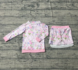 Pre-order GLD1572  girls flower pink long sleeve zipper skirt outfits