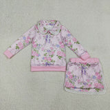 GLD1572  girls flower pink long sleeve zipper skirt outfits