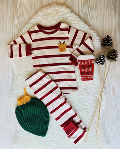 red stripe Christmas embroidered deer boys pajamas