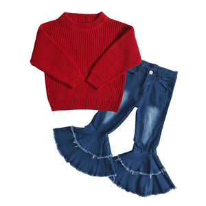 red knit sweater + bleach jeans girls outfits