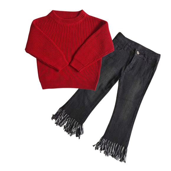 red knit sweater + black tassel jeans girls outfits
