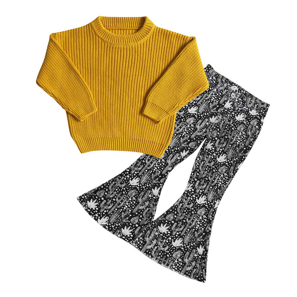 yellow knit sweater + western cactus jeans girls outfits