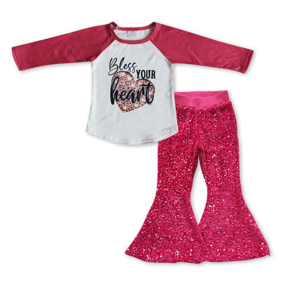 GLP0924--pink bless your heart top + pink sequins pants girls clothing