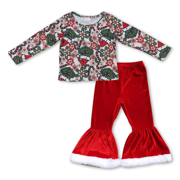 GLP0931--Christmas cartoon long sleeve top + red velvet outfits