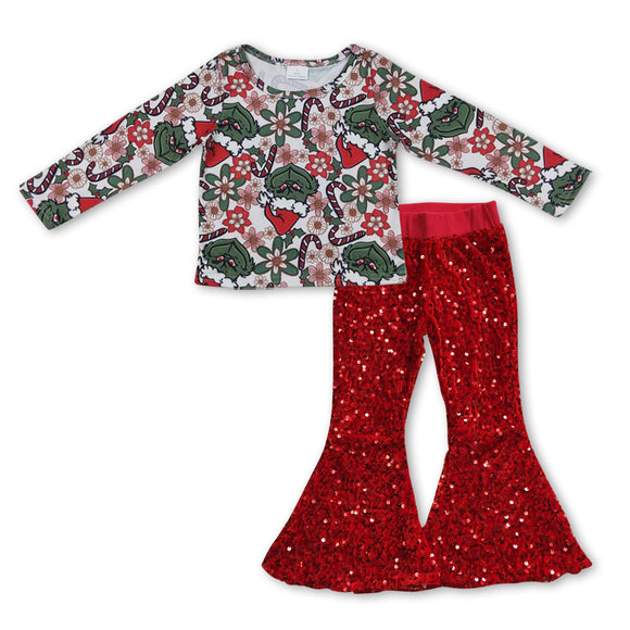 GLP0932--Christmas cartoon top + RED sequin pants outfits