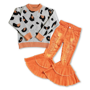 GLP0945--leopard sweater + orange jeans girls outfits