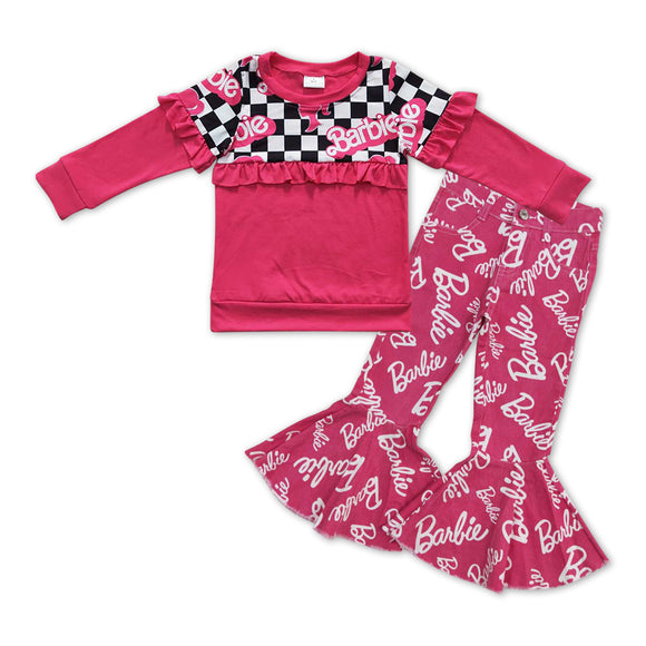 GLP1002-- long sleeve cartoon pink top +  jeans outfits