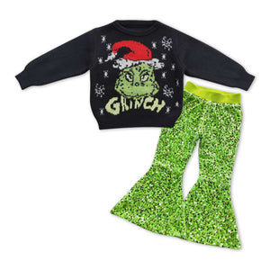 GLP1005--Christmas sweater top + green sequins pants girls clothing