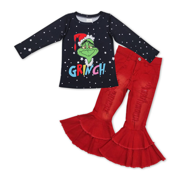 GLP1010--Christmas black top + red jeans outfits