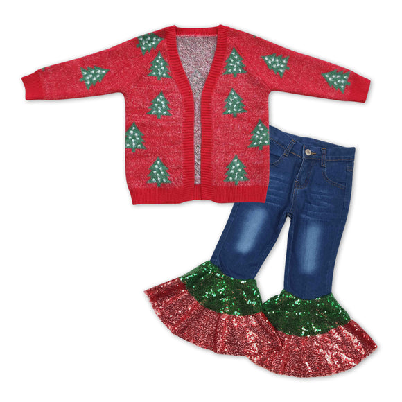 pre order GLP1026--Christmas tree cardigan + jeans girls outfits