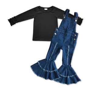 GLP1031-- long sleeve black top +  overalls jeans outfits