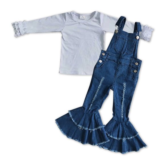GLP1032-- long sleeve white top +  overalls jeans outfits