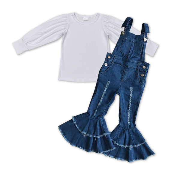 GLP1033-- long sleeve white top +  overalls jeans outfits