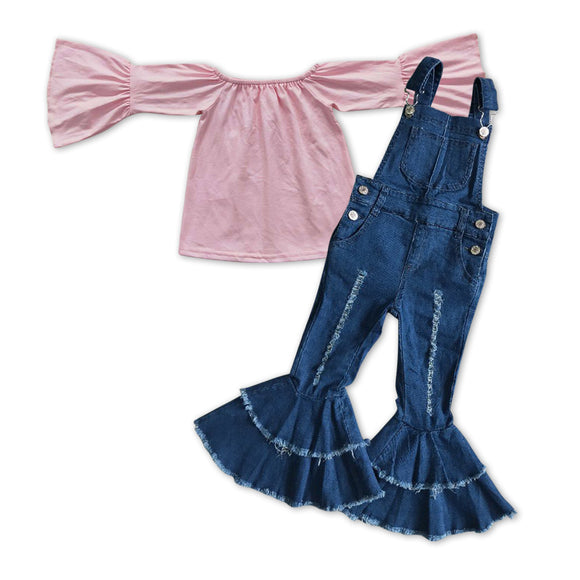 GLP1034-- long sleeve pink top +  overalls jeans outfits