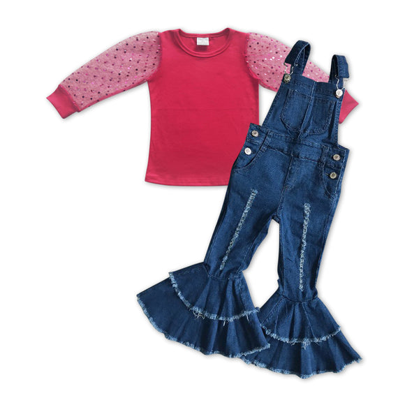 GLP1035-- long sleeve pink top +  overalls jeans outfits