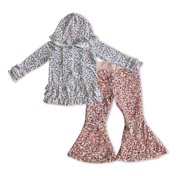 GLP1039-- long sleeve leopard jacket + Pink sequined bell bottoms outfits