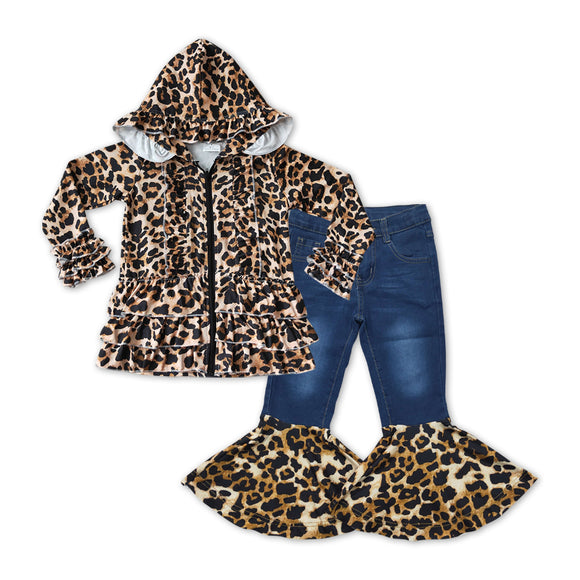 GLP1040-- long sleeve leopard jacket + jeans bell bottoms outfits