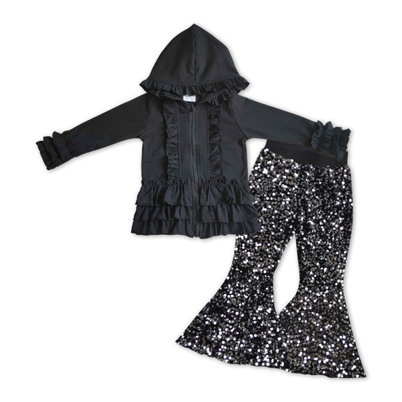GLP1045-- long sleeve black jacket +  sequined bell bottoms outfits