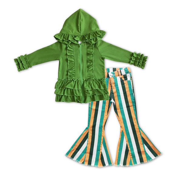 GLP1046-- long sleeve green jacket + jeans bell bottoms outfits