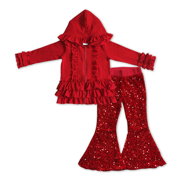 GLP1048-- long sleeve red jacket +  sequined bell bottoms outfits