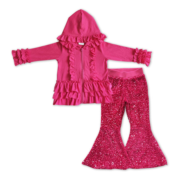 GLP1049-- long sleeve Rose red jacket +  sequined bell bottoms outfits