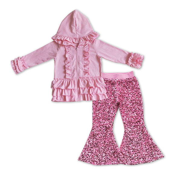 GLP1050-- long sleeve pink jacket +  sequined bell bottoms outfits