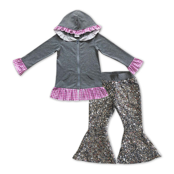GLP1051-- long sleeve grey jacket +  sequined bell bottoms outfits