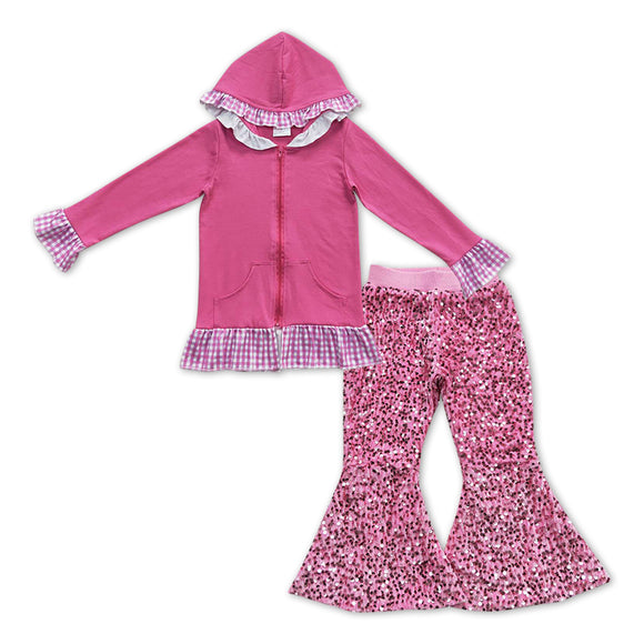 GLP1051-- long sleeve pink jacket +  sequined bell bottoms outfits