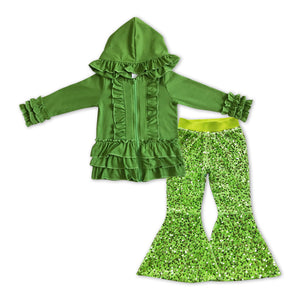 GLP1056-- long sleeve GREEN jacket +  sequined bell bottoms outfits