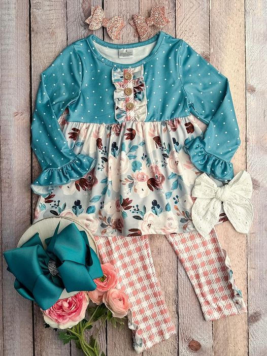 GLP1076---pre order long sleeve floral blue girl outfits
