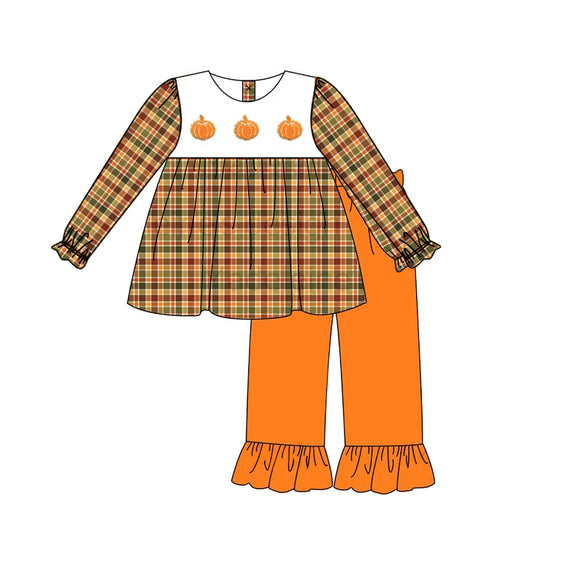 GLP1187  pre order long sleeves pumpkin plaid girls clothing