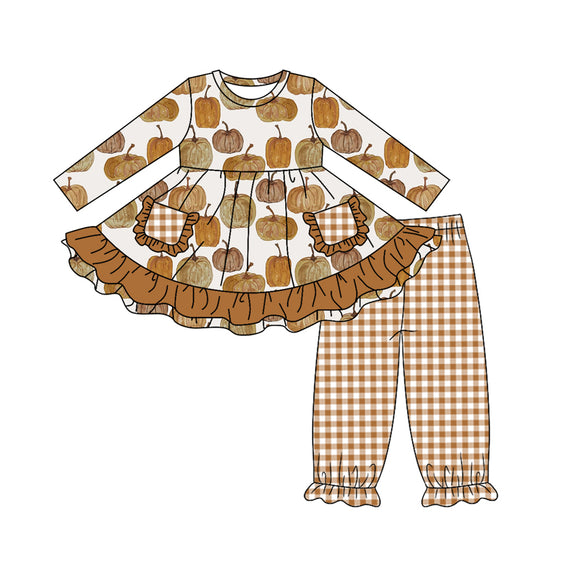 GLP1223 pre order Long sleeves pumpkin brown plaid girls outfits