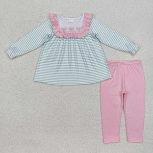 GLP2135 long sleeve embroidery bow green stripe pink legging girls outfits