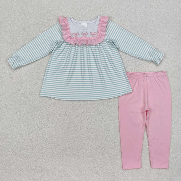 GLP2135 long sleeve embroidery bow green stripe pink legging girls outfits