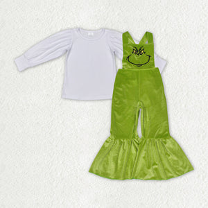 GLP2277 Girls White long-sleeved embroidered smiley face green outfits