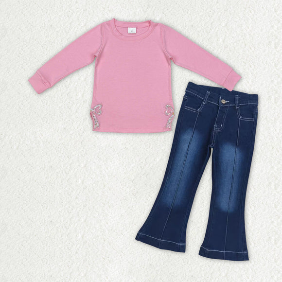 GLP2299 Baby Girls Long Sleeves blue jeans Outfits embroidery