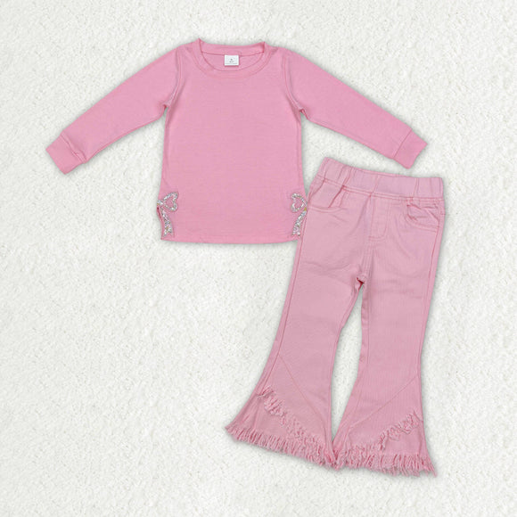 GLP2300 Baby Girls Long Sleeves pink jeans Outfits embroidery