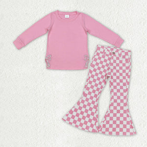 GLP2301 Baby Girls Long Sleeves pink plaid jeans Outfits embroidery