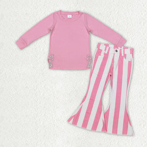 GLP2302 Baby Girls Long Sleeves pink stripe jeans Outfits embroidery