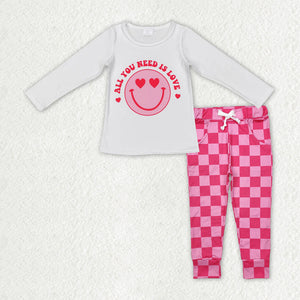 GLP2316 baby Girls smile face rose plaid pant outfits