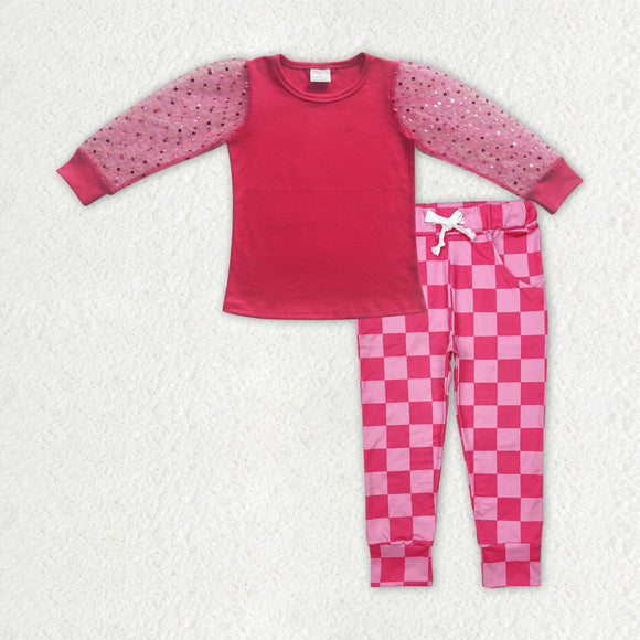 GLP2317 baby Girls net yarn long sleeve  rose plaid pant outfits