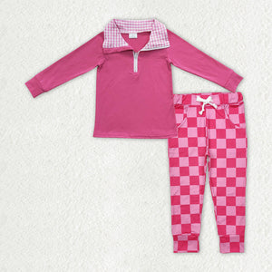 GLP2318 baby Girls zipper long sleeve  rose plaid pant outfits