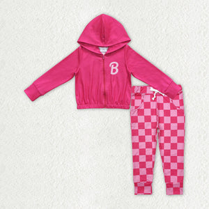 GLP2320 baby Girls B zipper long sleeve pullover rose plaid pant outfits