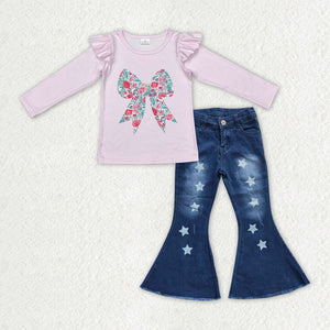 GLP2321 baby girls purple bow long sleeve blue jeans outfits