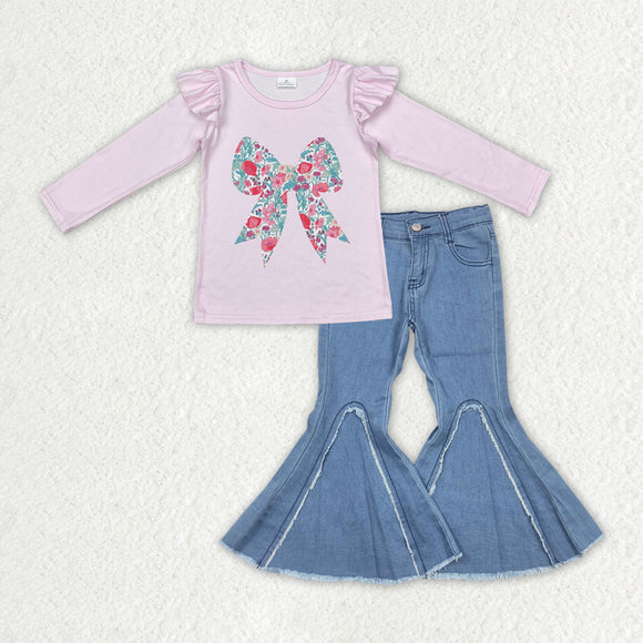 GLP2322 baby girls purple bow long sleeve blue bell-buttom jeans outfits